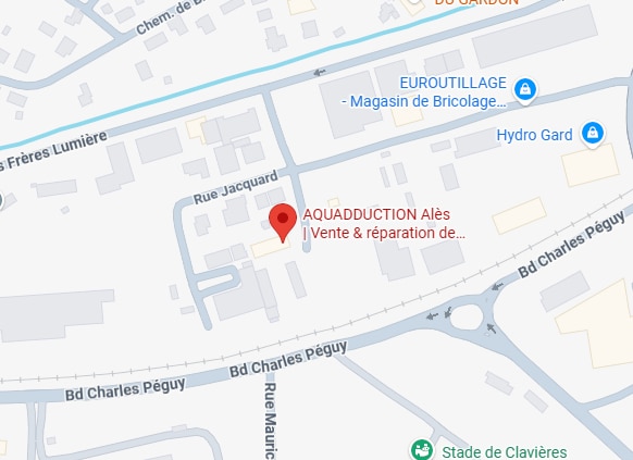 AQUADDUCTION Alès: Carte de localisation et accès (Rue Jacquard). Carte d'Alès: AQUADDUCTION (Vente & réparation) localisée Rue Jacquard, proche de Bd Charles Péguy et EUROUTILLAGE (Bricolage).